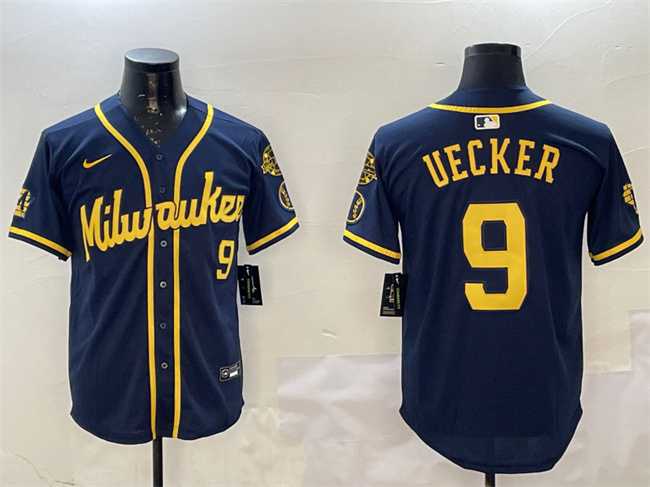Mens Milwaukee Brewers #9 Bob Uecker Navy With Home Patch Limited Stitched Jersey->milwaukee brewers->MLB Jersey